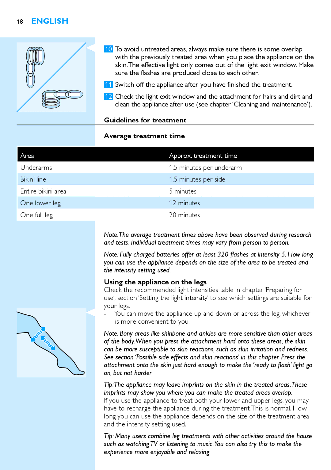 Philips SC2001/01 manual Guidelines for treatment, Average treatment time, Area Approx. treatment time 